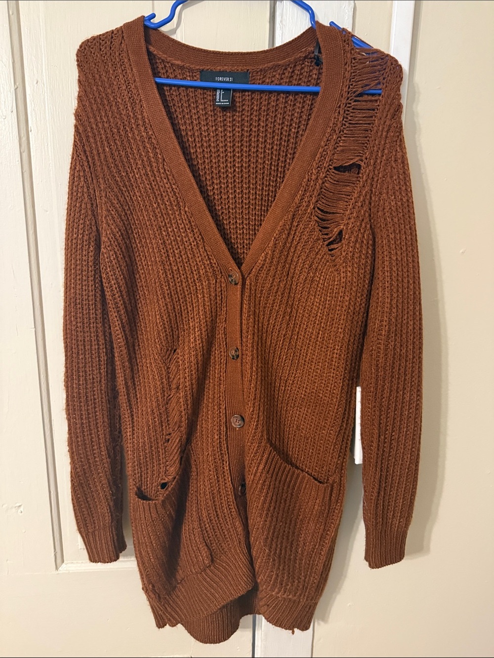 Forever 21 Burnt Orange Distressed Waffle Knit Cardigan